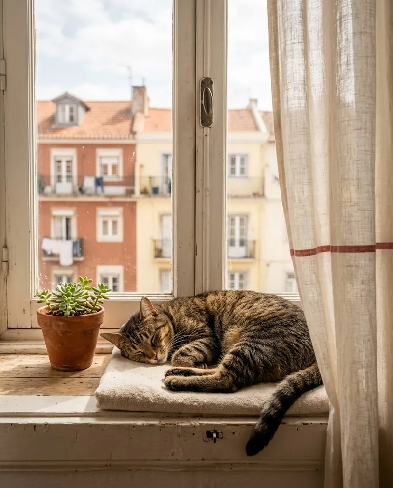 Um gato tigrado a descansar num parapeito ao sol, em casa