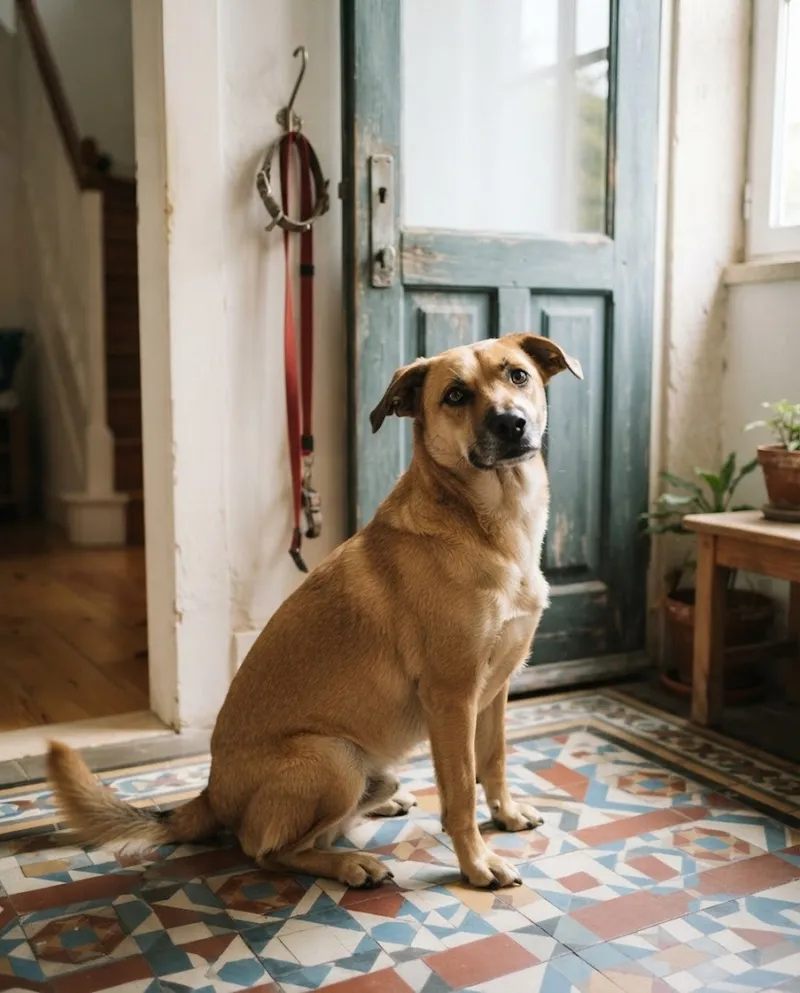 Um cão à espera junto à porta de casa, com a trela