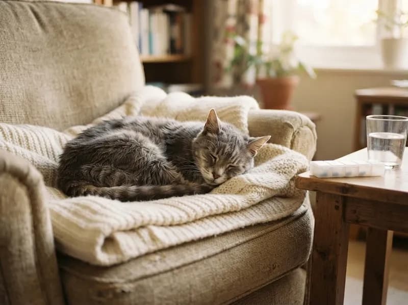 Um gato cinzento idoso a dormir numa manta, ao lado de uma caixa de comprimidos