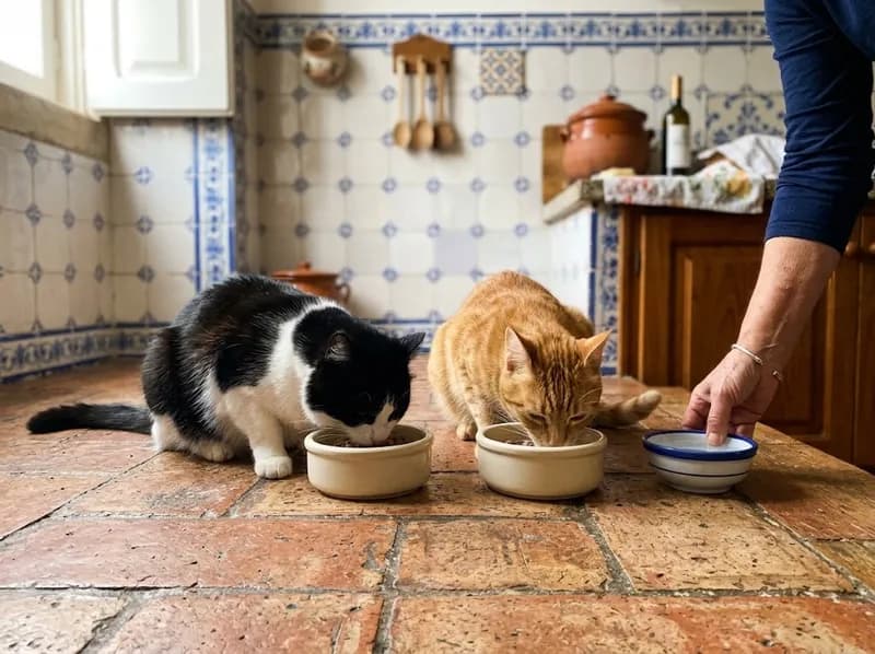 Dois gatos a comer das tigelas numa cozinha luminosa