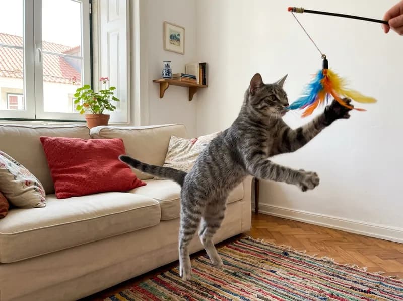 Um gato jovem a saltar para um brinquedo de penas numa sala