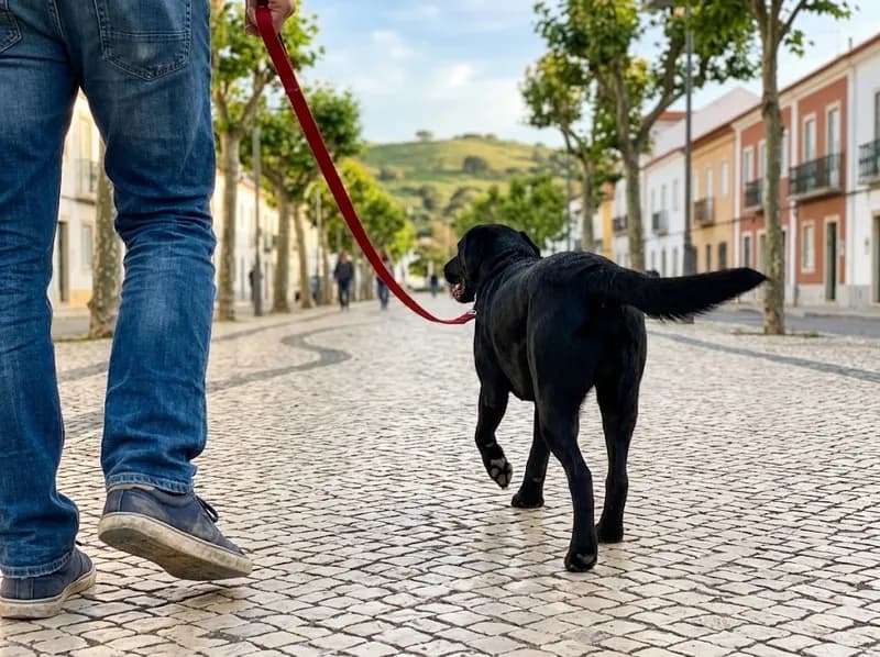 Um cão à trela a passear numa rua arborizada da Linha de Sintra